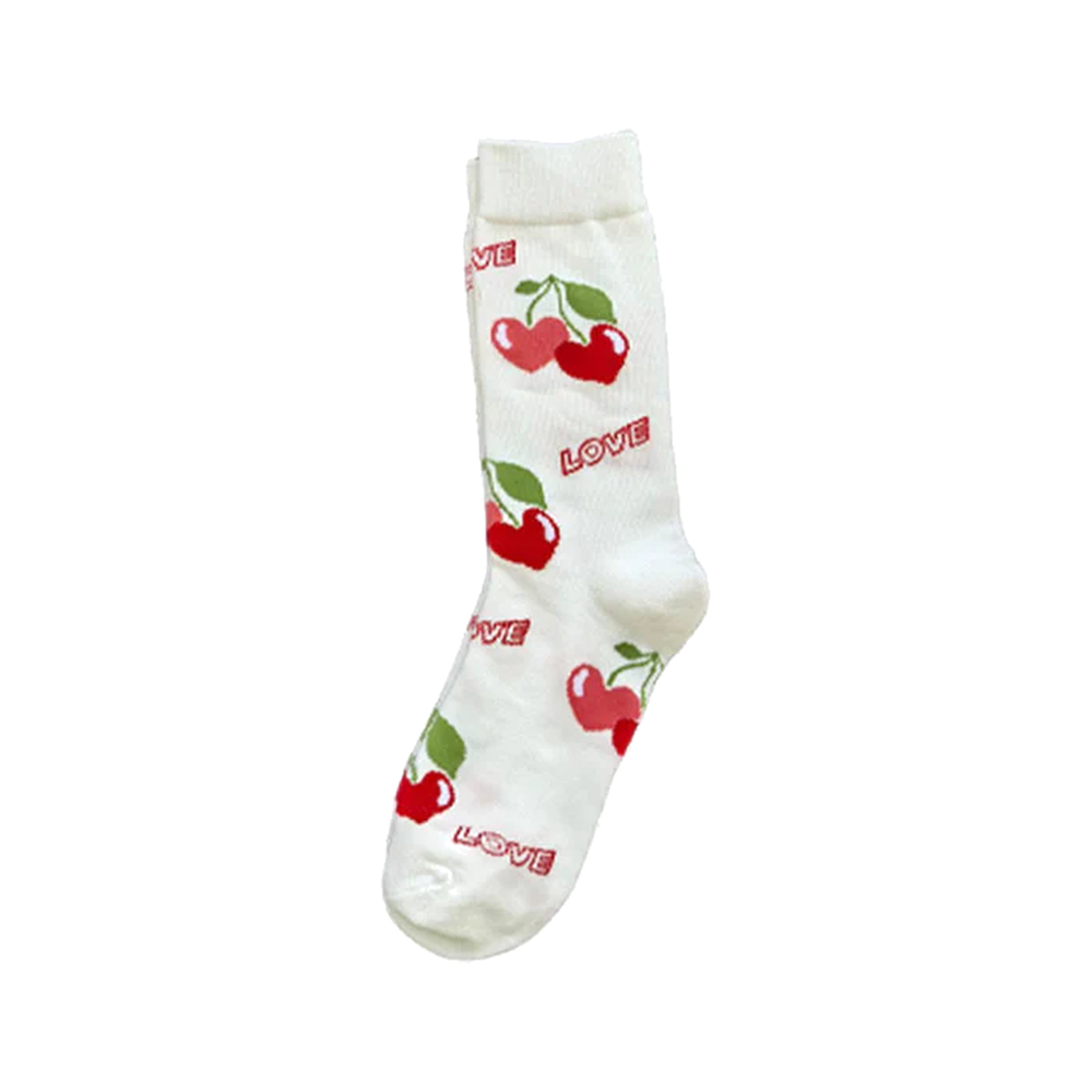 Women’s Cherry Heart Letter Crew Socks – Cute All-Season Matching Socks