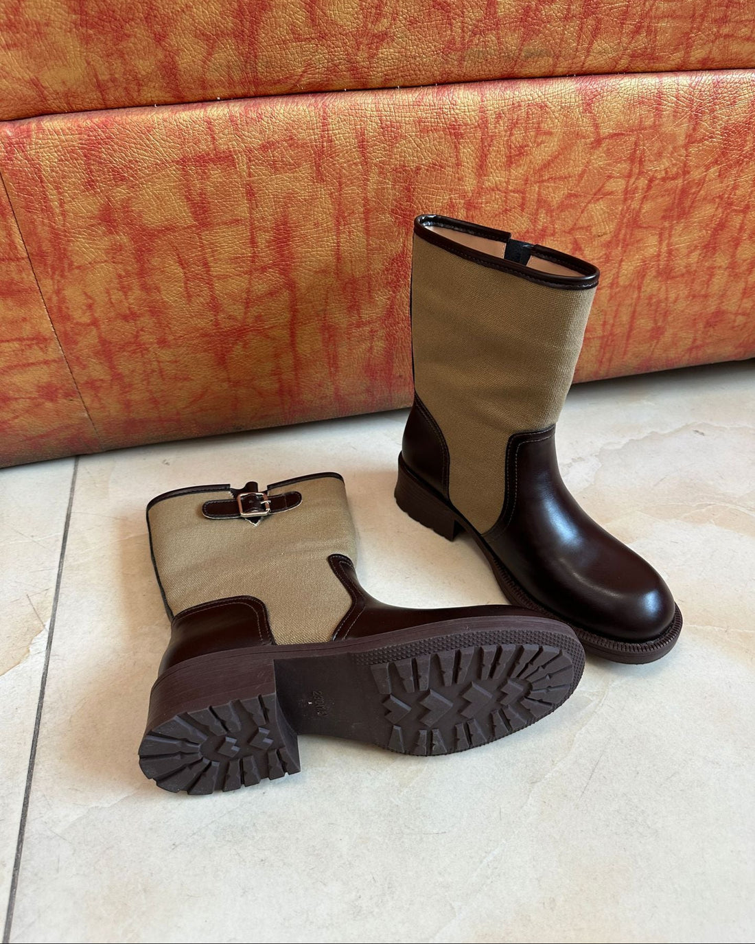 Vintage Colorblock Buckle Mid-Calf Western Riding Boots for Women