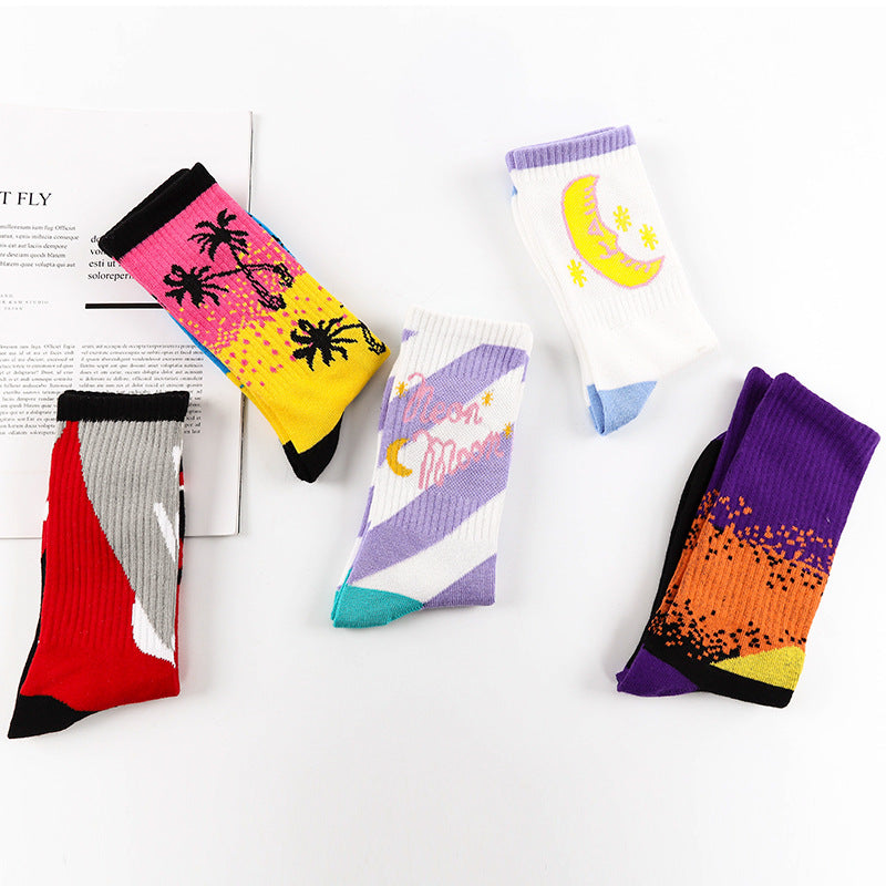Unisex Palm Tree Moon Graphic Crew Socks – Streetwear Skate Cotton Mid-Calf Socks
