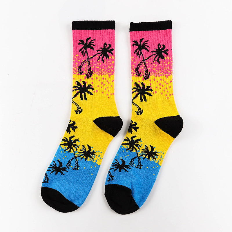 Unisex Palm Tree Moon Graphic Crew Socks – Streetwear Skate Cotton Mid-Calf Socks