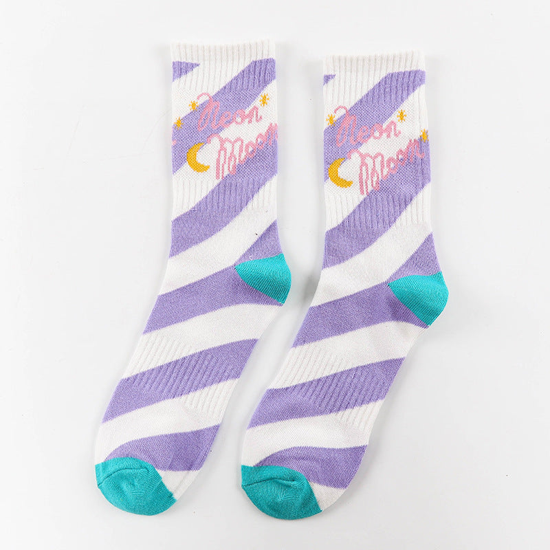 Unisex Palm Tree Moon Graphic Crew Socks – Streetwear Skate Cotton Mid-Calf Socks