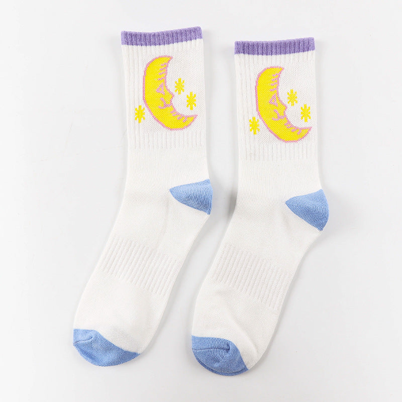 Unisex Palm Tree Moon Graphic Crew Socks – Streetwear Skate Cotton Mid-Calf Socks