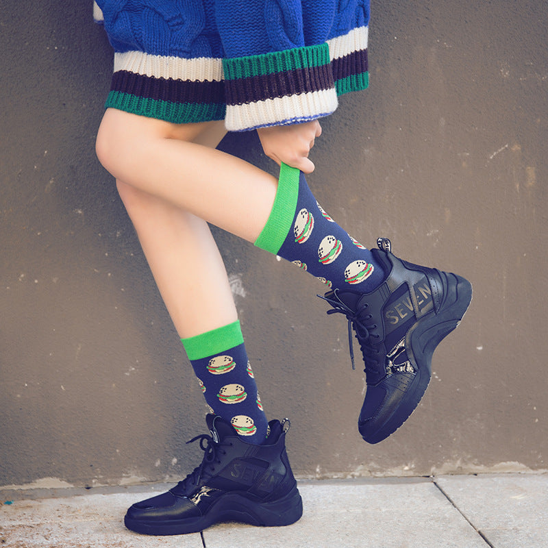 Unisex Food Medley Crew Socks – Cherry Avocado Burger & Egg Couple Socks