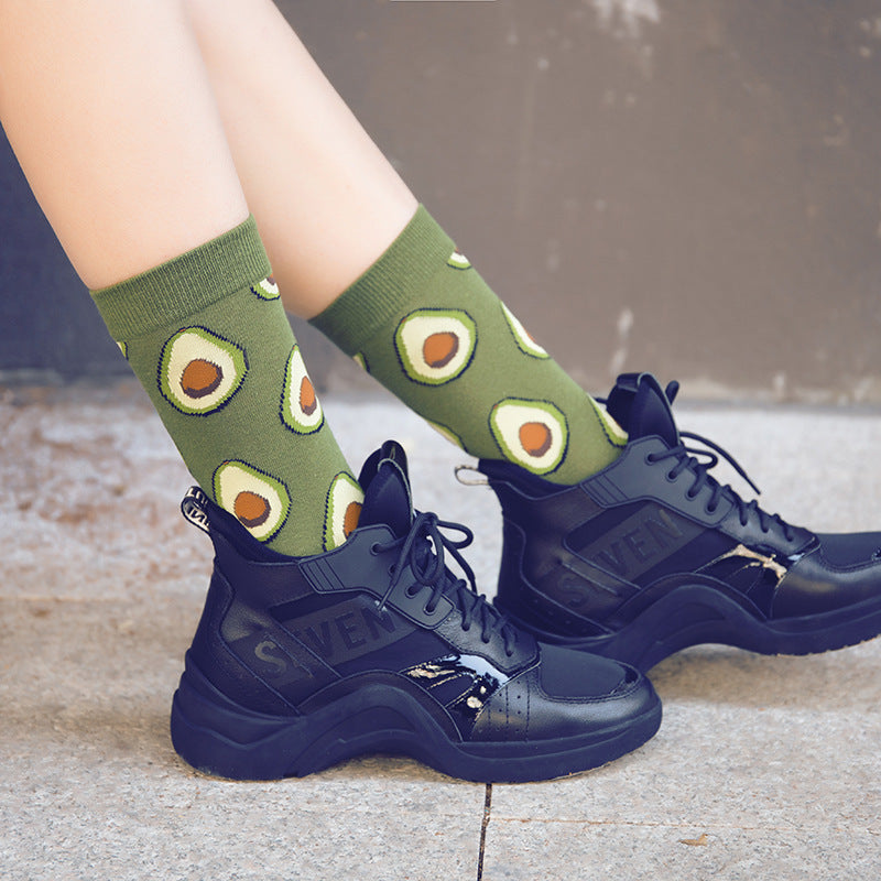 Unisex Food Medley Crew Socks – Cherry Avocado Burger & Egg Couple Socks