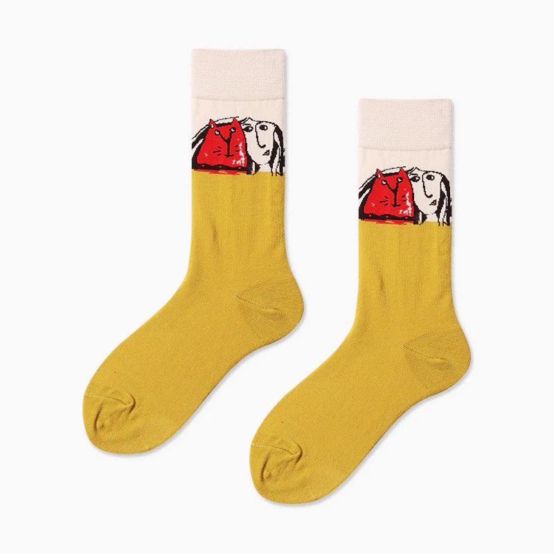 Women’s Abstract Face Art Crew Socks – Creative Matching Couple Socks