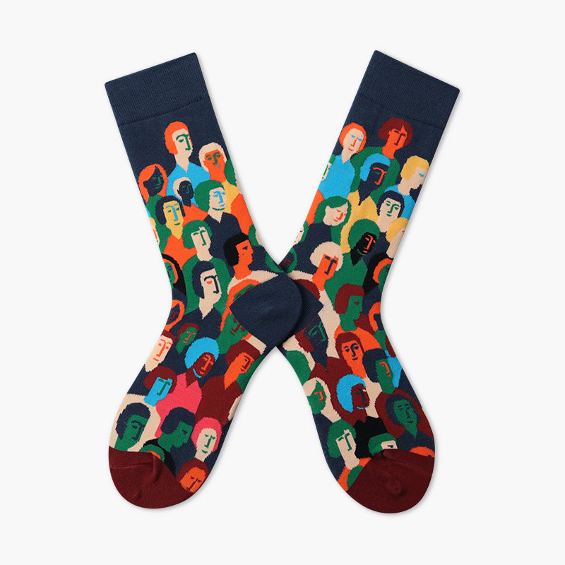 Unisex Abstract Portrait Jacquard Crew Socks – French-Inspired Matching Couple Socks