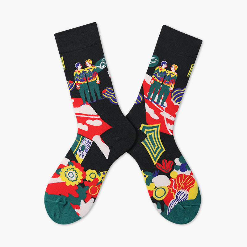 Unisex Abstract Portrait Jacquard Crew Socks – French-Inspired Matching Couple Socks