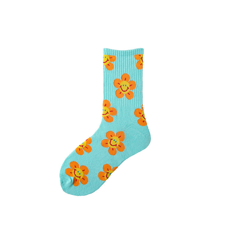 Women’s Sunflower High-Crew Socks – Korean-Inspired Cotton Casual Socks for Spring