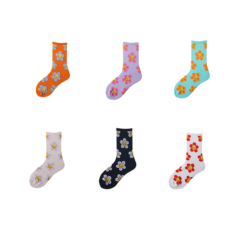 Women’s Sunflower High-Crew Socks – Korean-Inspired Cotton Casual Socks for Spring