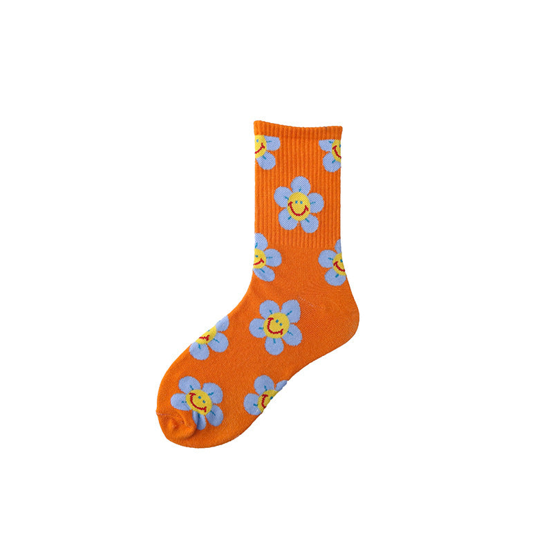 Women’s Sunflower High-Crew Socks – Korean-Inspired Cotton Casual Socks for Spring