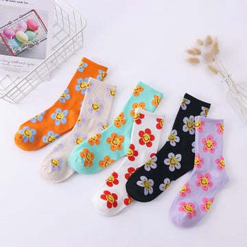 Women’s Sunflower High-Crew Socks – Korean-Inspired Cotton Casual Socks for Spring