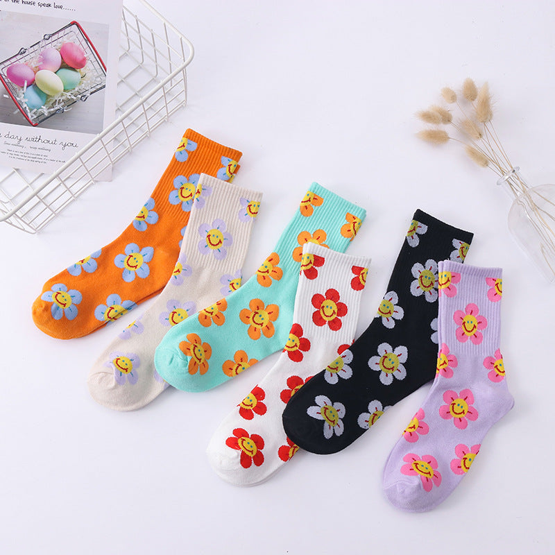 Women’s Sunflower High-Crew Socks – Korean-Inspired Cotton Casual Socks for Spring