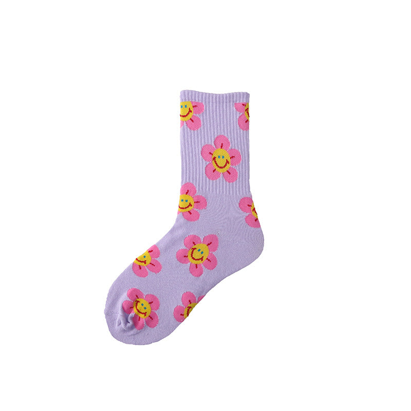 Women’s Sunflower High-Crew Socks – Korean-Inspired Cotton Casual Socks for Spring