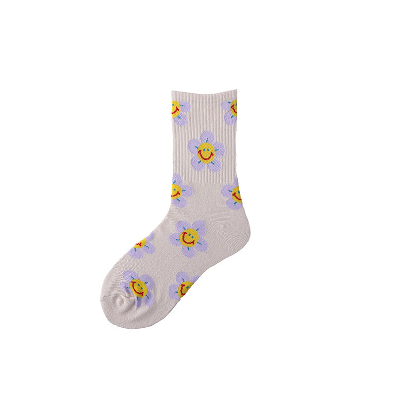Women’s Sunflower High-Crew Socks – Korean-Inspired Cotton Casual Socks for Spring