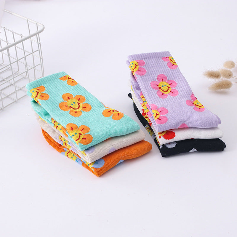 Women’s Sunflower High-Crew Socks – Korean-Inspired Cotton Casual Socks for Spring