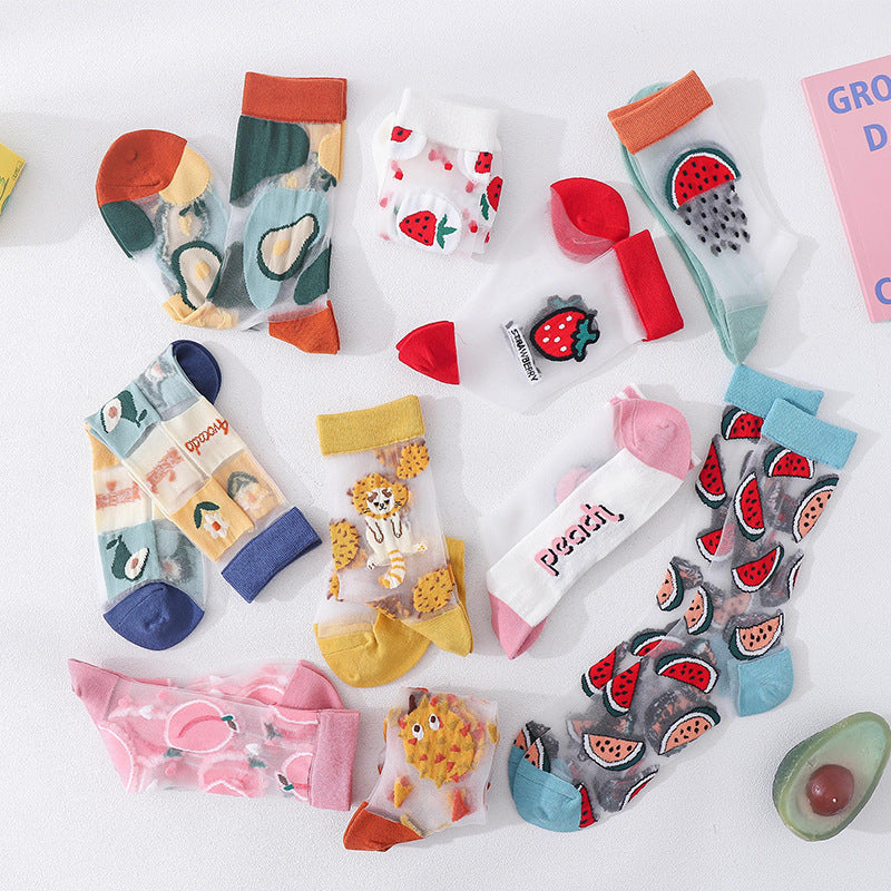 Fruit Market Sheer Crew Socks - White Strawberry
