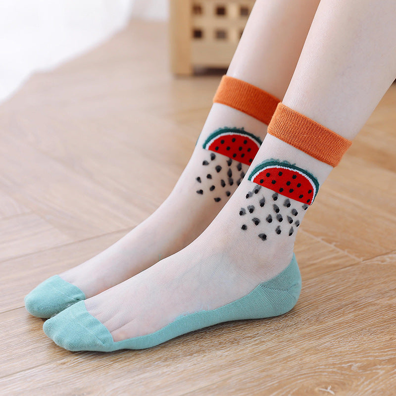 Fruit Market Sheer Crew Socks - Pink Peach