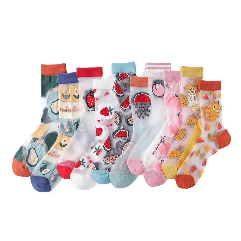 Fruit Market Sheer Crew Socks - Orange Durian