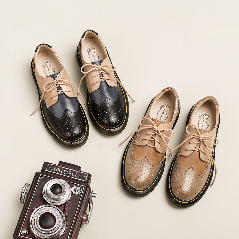 Women’s Vintage Lace-Up Brogue Shoes – British-Inspired Low Block Heel Casual Flats