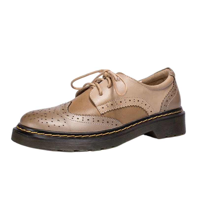Women’s Vintage Lace-Up Brogue Shoes – British-Inspired Low Block Heel Casual Flats