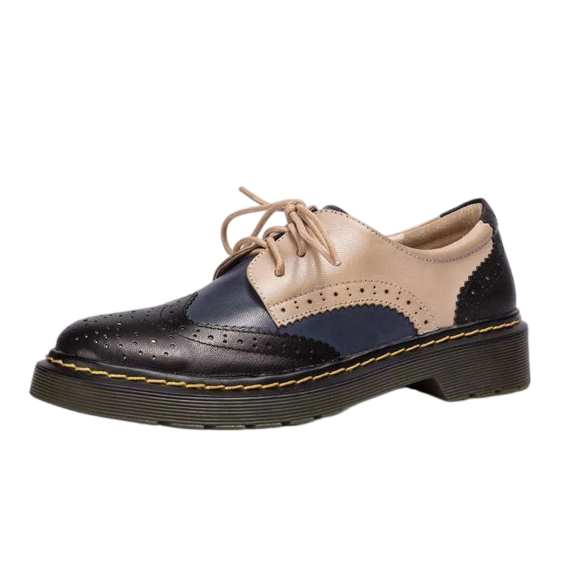 Women’s Vintage Lace-Up Brogue Shoes – British-Inspired Low Block Heel Casual Flats