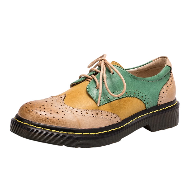 Women’s Vintage Lace-Up Brogue Shoes – British-Inspired Low Block Heel Casual Flats