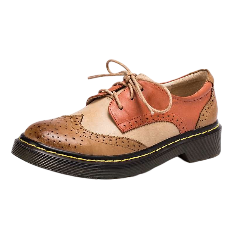 Women’s Vintage Lace-Up Brogue Shoes – British-Inspired Low Block Heel Casual Flats