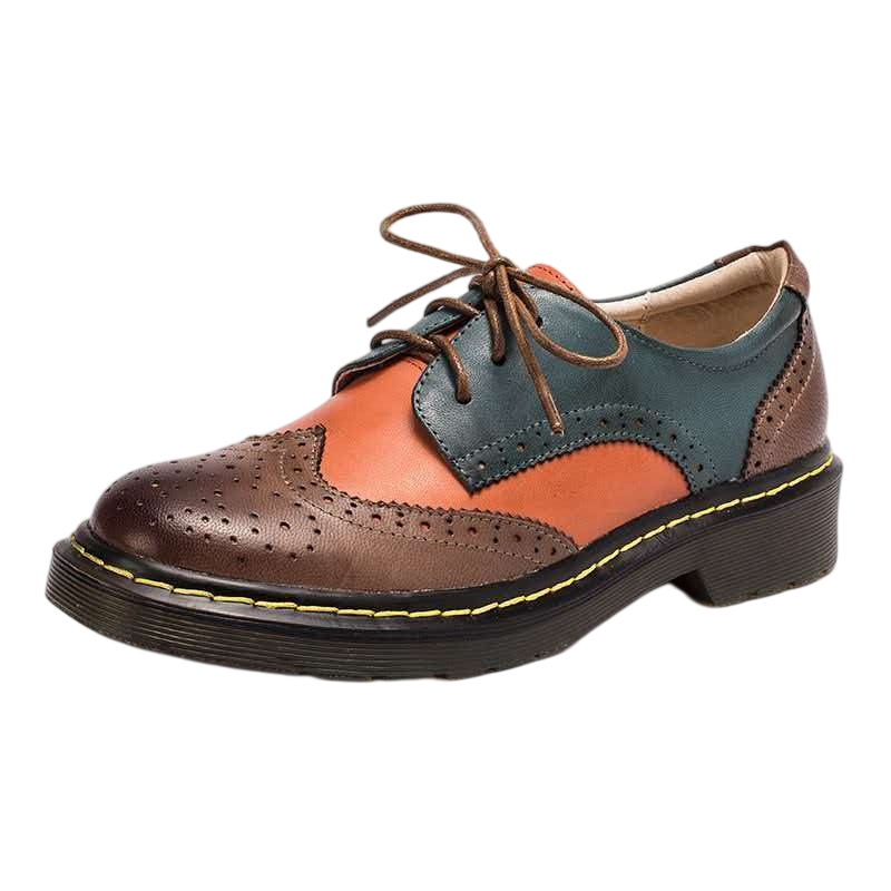 Women’s Vintage Lace-Up Brogue Shoes – British-Inspired Low Block Heel Casual Flats