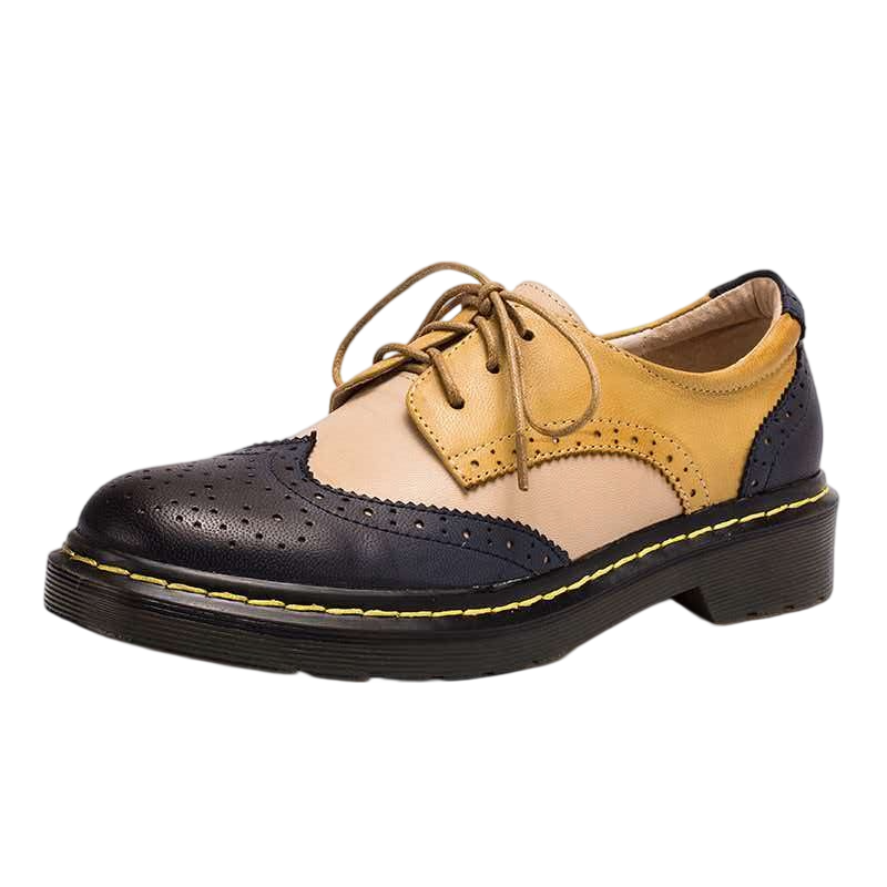 Women’s Vintage Lace-Up Brogue Shoes – British-Inspired Low Block Heel Casual Flats