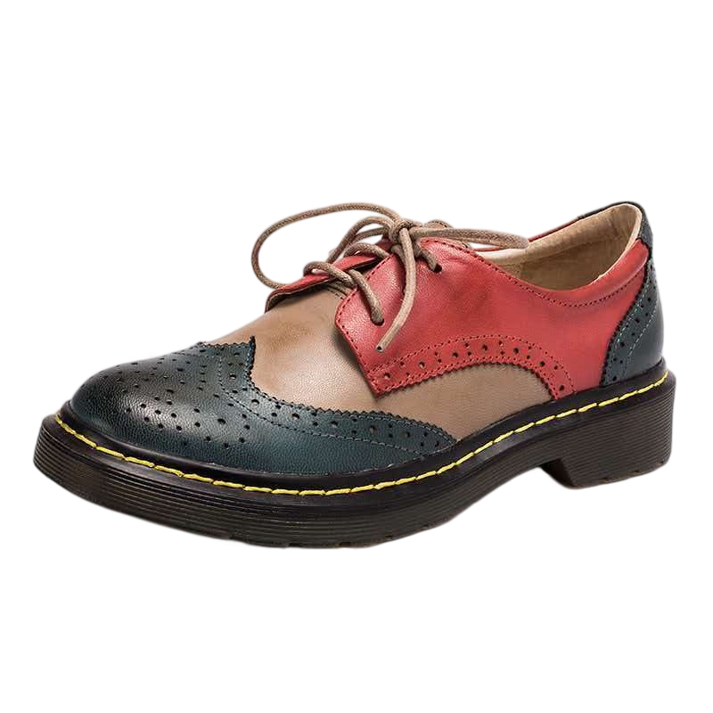 Women’s Vintage Lace-Up Brogue Shoes – British-Inspired Low Block Heel Casual Flats