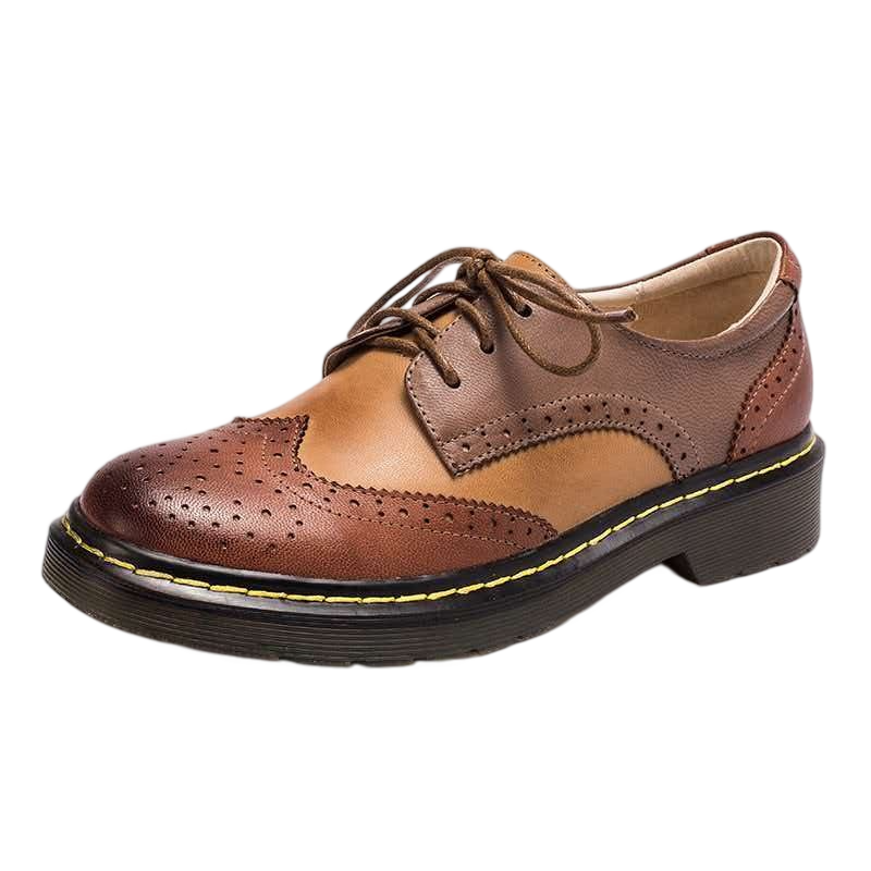Women’s Vintage Lace-Up Brogue Shoes – British-Inspired Low Block Heel Casual Flats