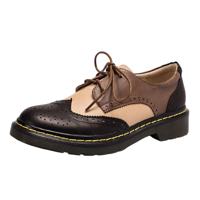 Women’s Vintage Lace-Up Brogue Shoes – British-Inspired Low Block Heel Casual Flats
