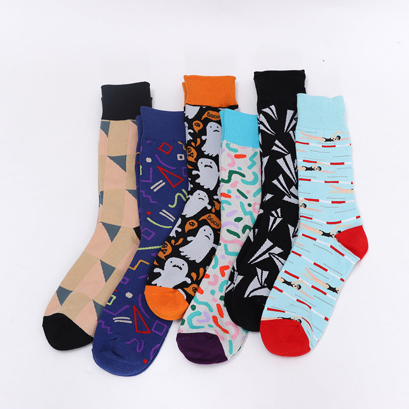Men’s Colorful Geometric Sport Crew Socks – Plus Size Patterned Athletic Socks