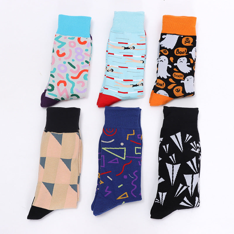 Men’s Colorful Geometric Sport Crew Socks – Plus Size Patterned Athletic Socks
