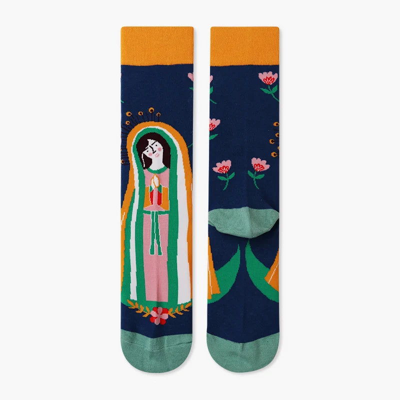 Women’s Rabbit Sketch Crew Socks – Moisture-Absorbing Cotton-Blend Winter Socks