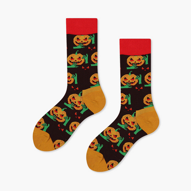 Unisex Halloween Pumpkin & Skull Crew Socks – Moisture-Absorbing Cotton-Blend Couple Socks
