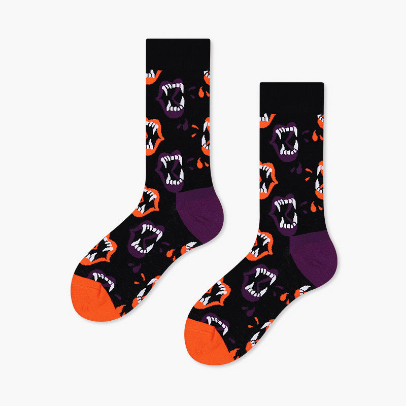 Unisex Halloween Pumpkin & Skull Crew Socks – Moisture-Absorbing Cotton-Blend Couple Socks