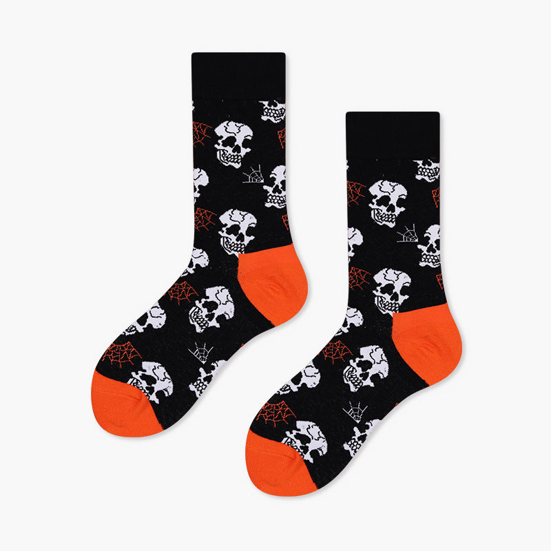 Unisex Halloween Pumpkin & Skull Crew Socks – Moisture-Absorbing Cotton-Blend Couple Socks