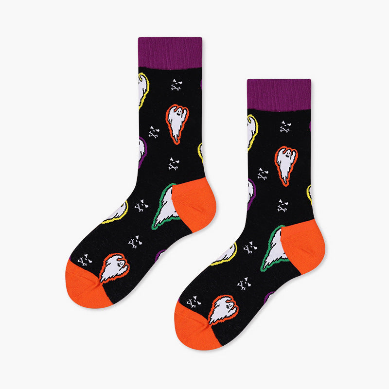 Unisex Halloween Pumpkin & Skull Crew Socks – Moisture-Absorbing Cotton-Blend Couple Socks