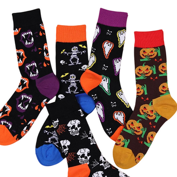 Unisex Halloween Pumpkin & Skull Crew Socks – Moisture-Absorbing Cotton-Blend Couple Socks