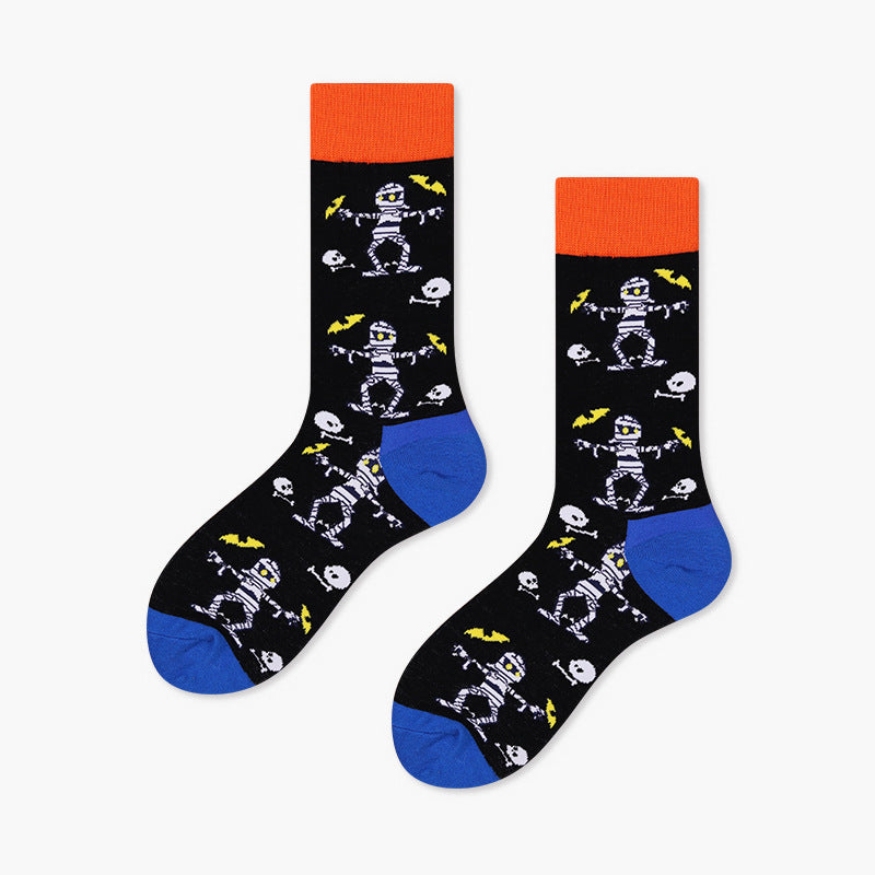 Unisex Halloween Pumpkin & Skull Crew Socks – Moisture-Absorbing Cotton-Blend Couple Socks