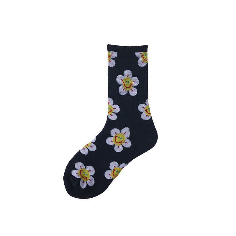 Women’s Sunflower High-Crew Socks – Korean-Inspired Cotton Casual Socks for Spring