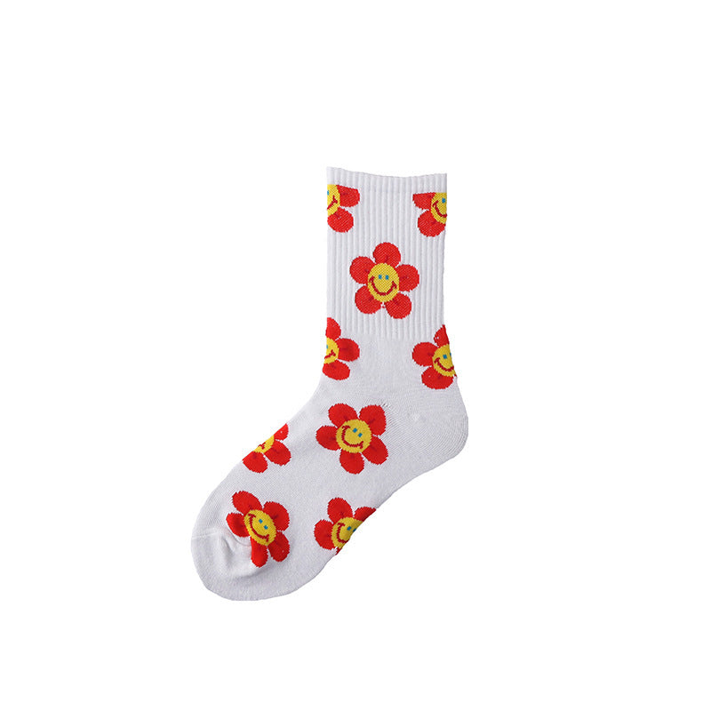 Women’s Sunflower High-Crew Socks – Korean-Inspired Cotton Casual Socks for Spring