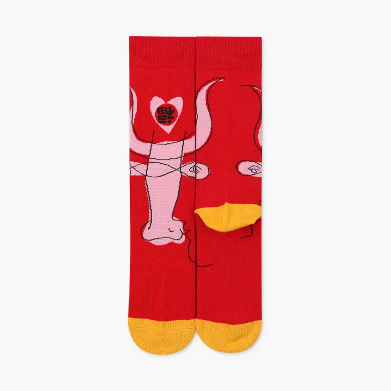 Family Matching Red Ox Long Socks – Chinese New Year Cotton-Blend Crew Socks