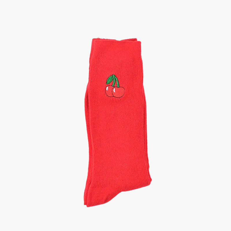 Women’s Embroidered Fruit Slouch Crew Socks – Japanese-Inspired Vintage Cotton-Blend Socks