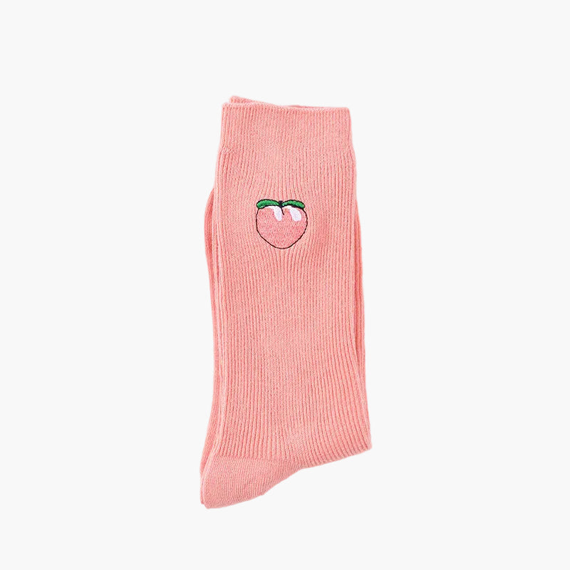 Women’s Embroidered Fruit Slouch Crew Socks – Japanese-Inspired Vintage Cotton-Blend Socks