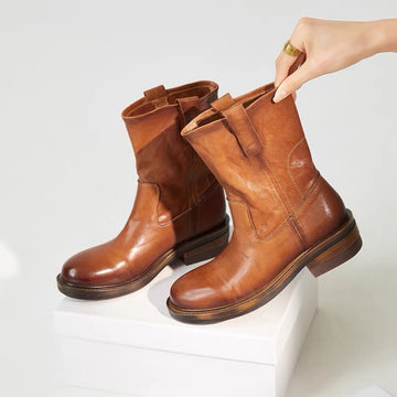 Women’s Vintage Distressed Leather Slouchy Mid-Calf Boots – Round Toe Chunky Heel Pull-On Boots