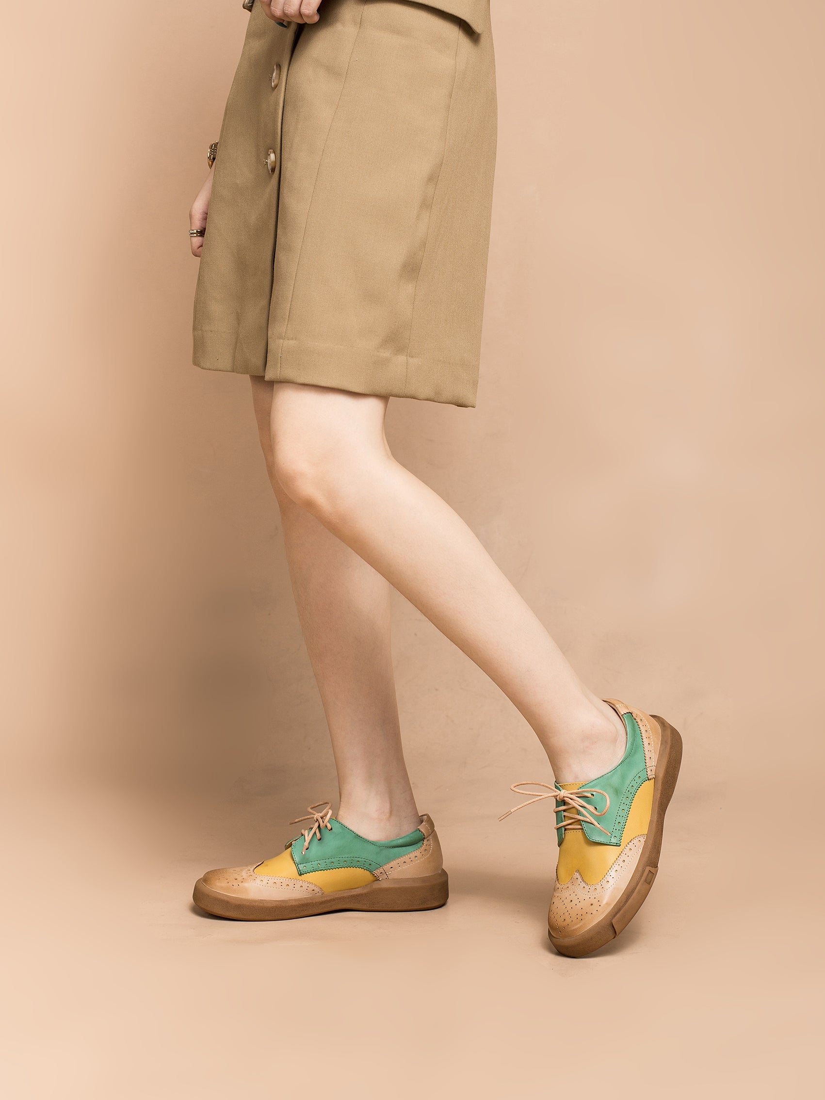 Dandy Block Beige Multi-Colour Leather Brogue Derby Shoes