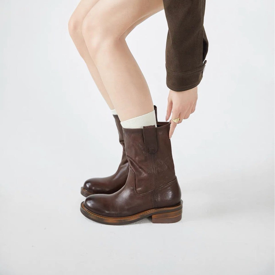 Women’s Vintage Distressed Leather Slouchy Mid-Calf Boots – Round Toe Chunky Heel Pull-On Boots