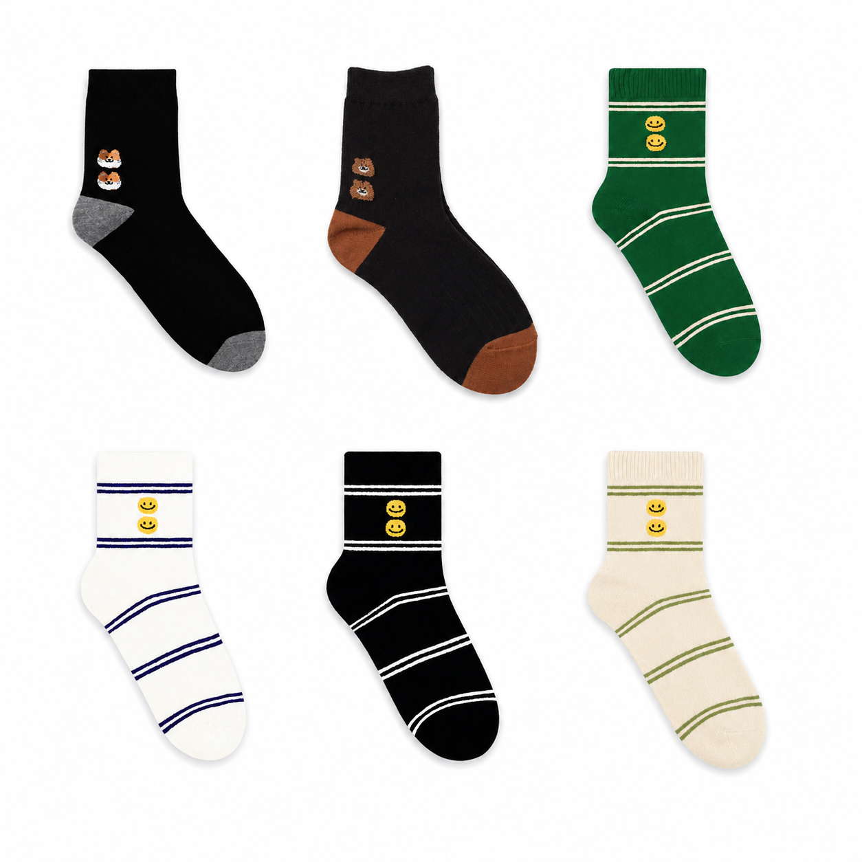 Women’s Striped Flocked Smiley Crew Socks – Korean Preppy Cotton Socks